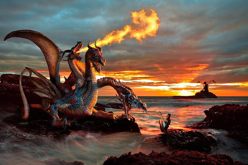 Krajy, wektor, ocean, wojownicza fantazja, morze, ogień, rycerz, wschód słońca na wyspie Tapeta HD