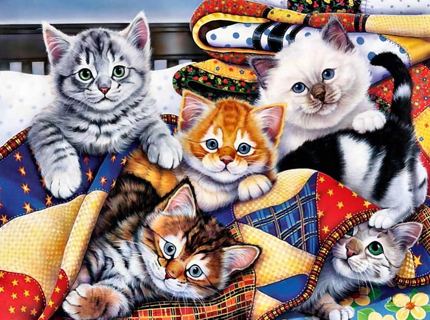 Cozy Kittens FC, animal, art, feline, cat, beautiful, kittens, artwork, painting, blanket, pet HD wallpaper