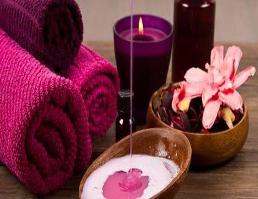 Pink spa with candle and towels, Baths, Spa salt, Spa, Relaxing, Soap, Towels HD wallpaper
