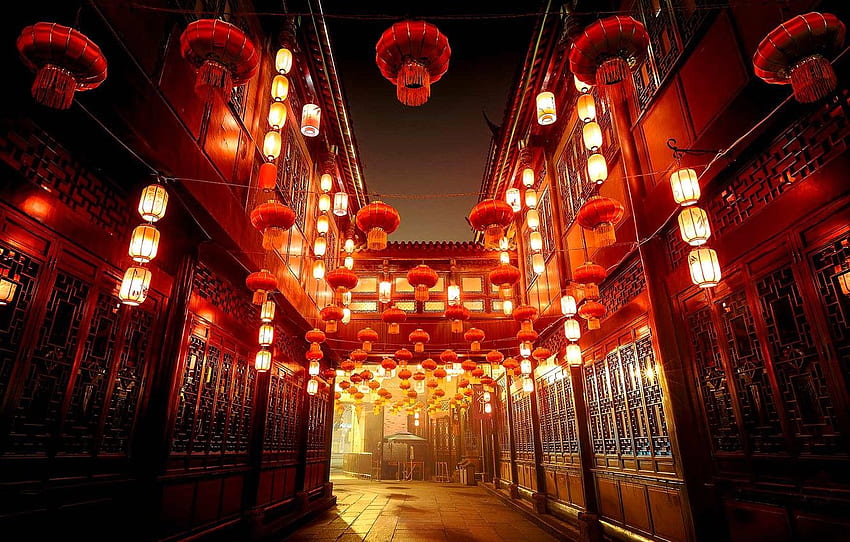 luces, calle, casa, luces, China, Chengdu, Sichuan, Jinli Old Street para, sección город, China Street fondo de pantalla