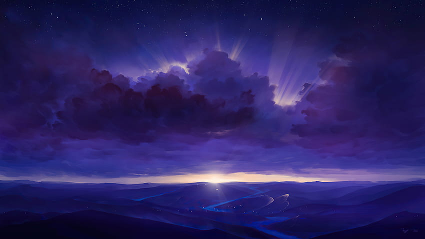 Purple Rays Sky Stars Digitalart River , Artist, , , Background, and HD wallpaper