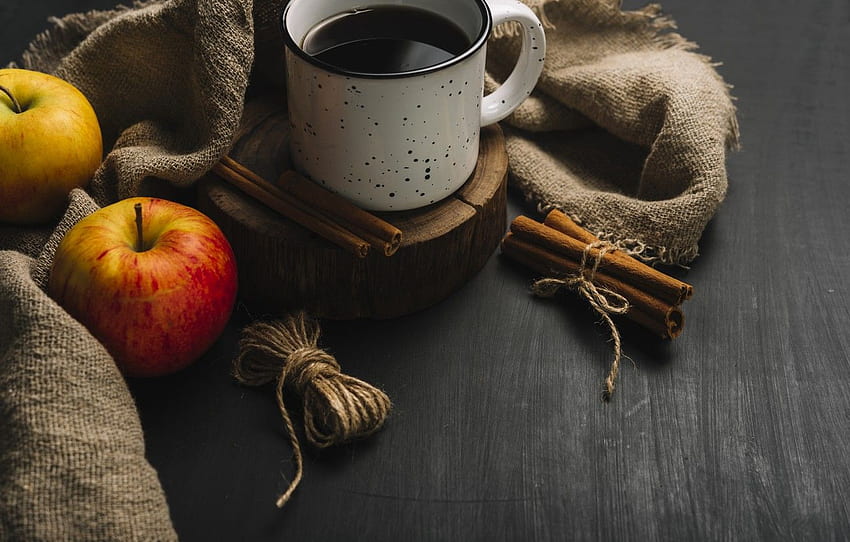 autumn, leaves, background, tree, apples, coffee, colorful, mug, Cup, vintage, wood, background, autumn, leaves, cup, coffee for , section еда HD wallpaper