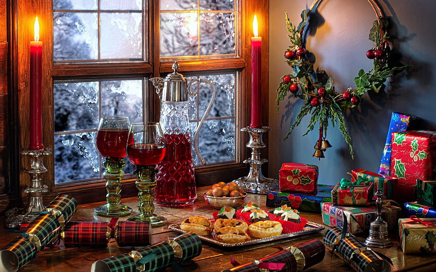 Коледен натюрморт, натюрморт, прозорец, Коледа, стъкло, свещи, подаръци, венец HD тапет