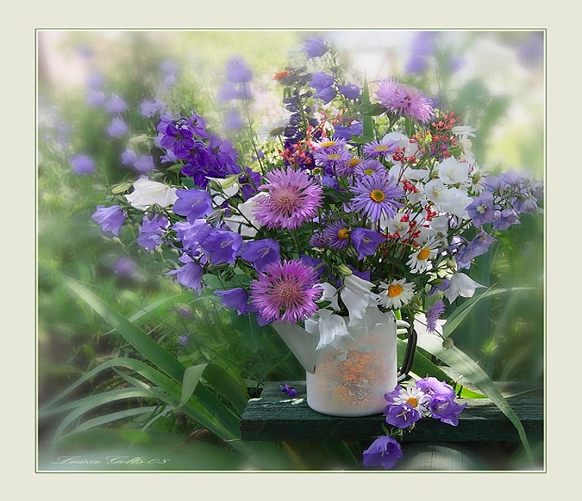 Dreamy wildflowers, vase, can, beautiful, grass, wildflowers, purple, petals, water can, flowers, lilac HD wallpaper