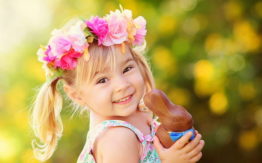 Happy Easter!, sweet, chocolate, dessert, girl, food, copil, bunny, pink, flower, green, yellow, easter, child HD wallpaper