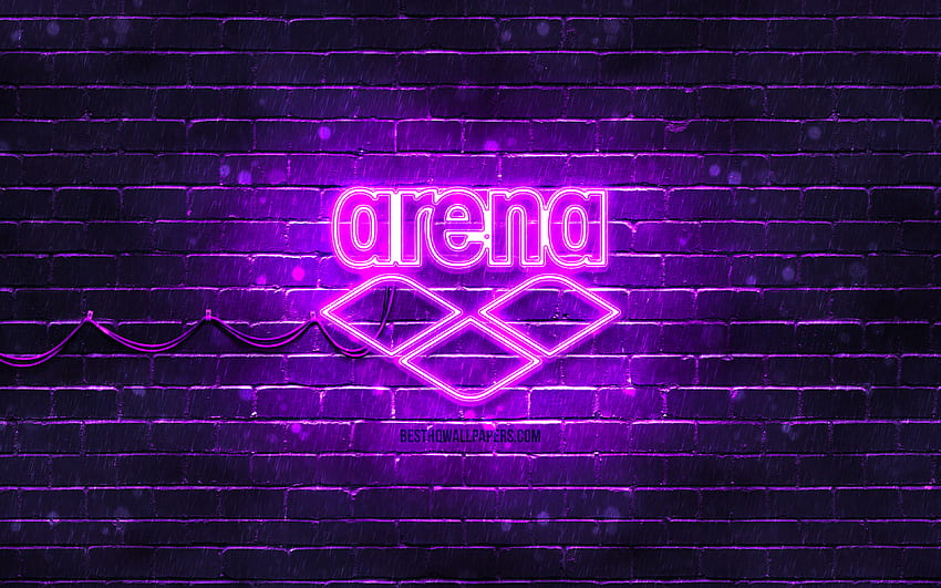 Arena violet logo, , violeta brickwall, Arena logo, marcas, Arena neon logo, Arena papel de parede HD