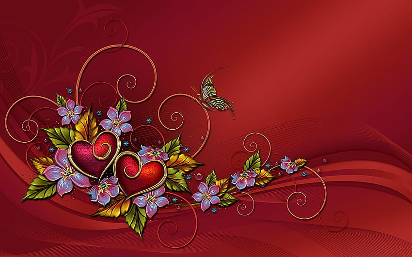 RED HEARTS 4 VALENTINES, FLOWERS, BUTTERFLIES, VALENTINE, RED, HEARTS HD wallpaper