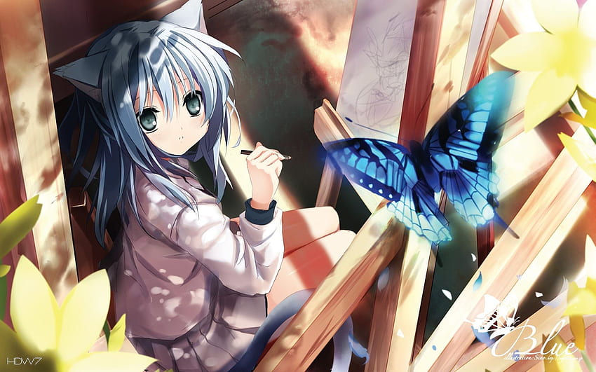 anime girl and a blue butterfly . gallery HD wallpaper