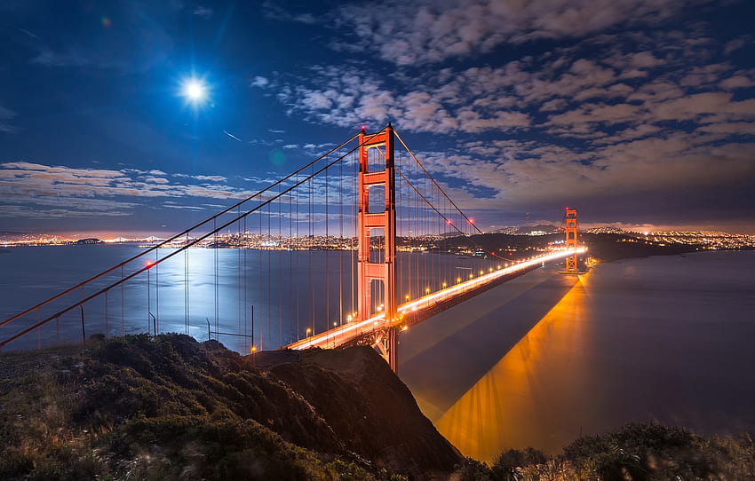 空、光、夜、街、明かり、海峡、月、湾、サンフランシスコ、アメリカ、カリフォルニア州、ゴールデン ゲート ブリッジ、区間、サンフランシスコ iPad 高画質の壁紙