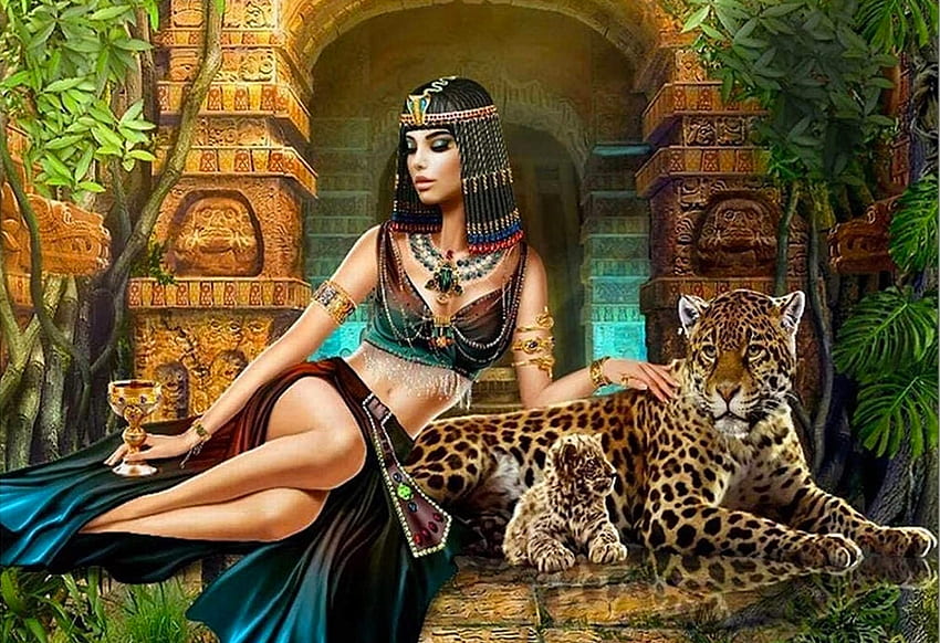 Egyptian Queen, art, , egypt, girl, beautiful, woman, leopard, digital, fantasy, egyptian, queen, cleopatra HD wallpaper