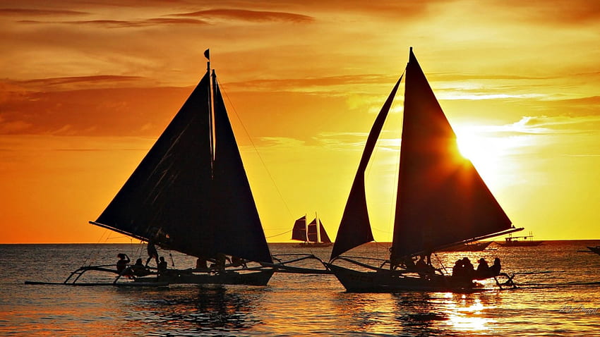 Sailing Sunset, mar, barcos, Oriental, nuvens, vela, vela, céu, sol, pôr do sol papel de parede HD