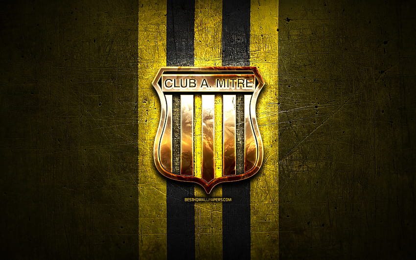 Mitre FC, logo emas, Primera Nacional, latar belakang logam kuning, sepak bola, klub sepak bola Argentina, logo CA Mitre, sepak bola, Argentina, CA Mitre Wallpaper HD