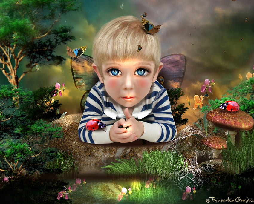 ✼The Angel Boy✼, colorful, emotional, plants, cute, colors, digital art, reflections, butterflies, animals, smart, trees, male, pond, wings, ladybugs, model, angel boy, weird things people wear, forests, mushrooms, backgrounds, boy, fantasy, pretty, love, manipulation, clouds, sky, enchanted, flowers, lovely, hair HD wallpaper