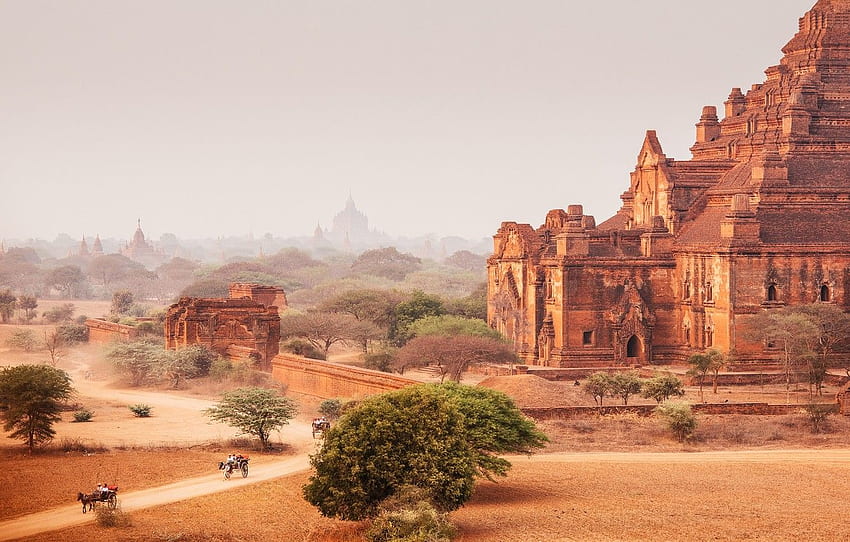 camino, el cielo, polvo, seco, Myanmar, templos, Bagan, carro de caballos, del templo de Dhammayangyi para, sección пейзажи fondo de pantalla
