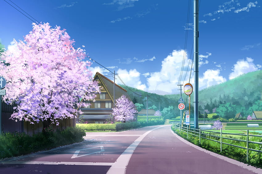 Cherry Blossom, Anime Landscape, Scenic, Street, Sky, 2256X1504 Anime HD wallpaper