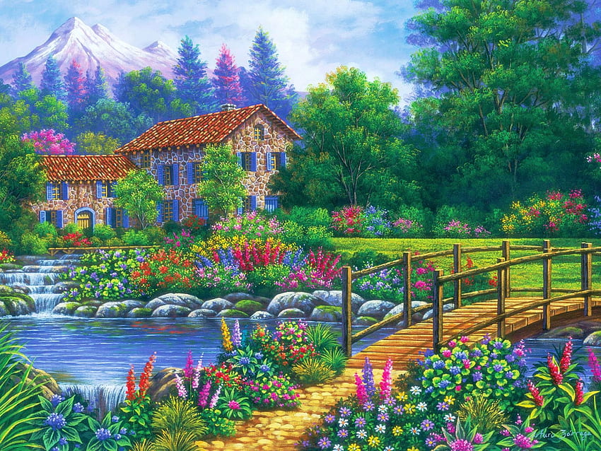 Cascade House, karya seni, sungai, lukisan, jembatan, pohon, bunga, batu Wallpaper HD