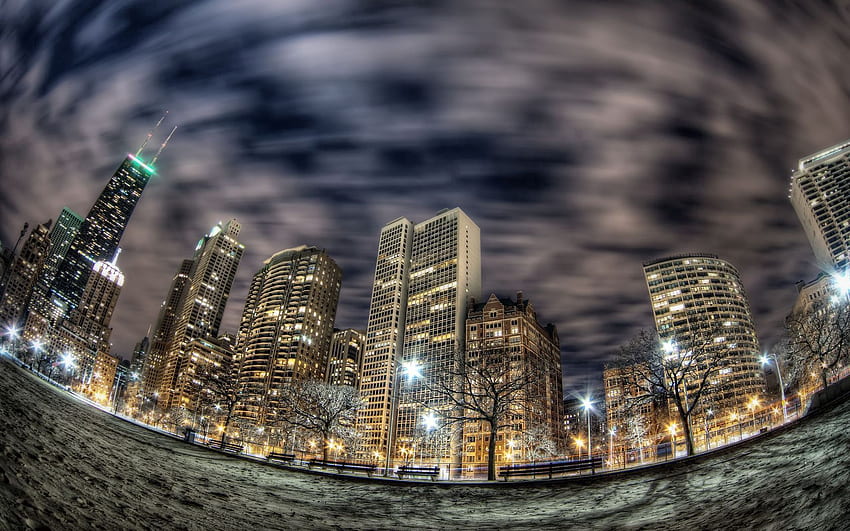 เมือง อาคาร แสงไฟ เมืองกลางคืน ตึกระฟ้า ชิคาโก Fish Eye วอลล์เปเปอร์ HD