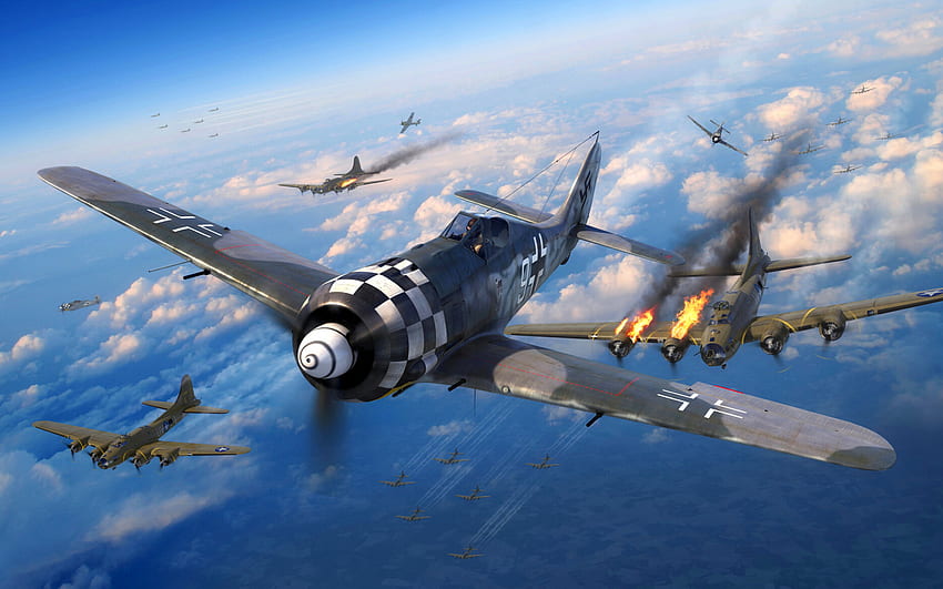 Focke-Wulf Fw 190 Wurger, Boeing B-17 Flying Fortress, Втората световна война, WW2, военни самолети, САЩ, Германия HD тапет