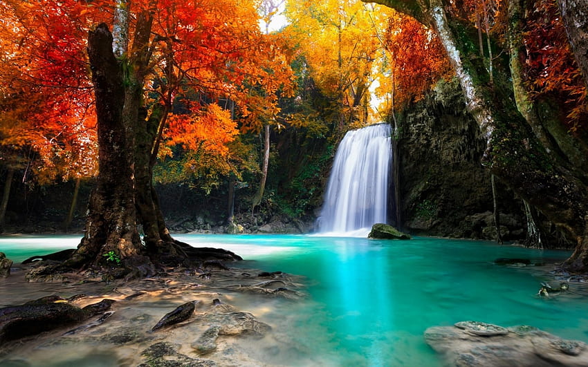 Autumn Waterfall, river, Fall, trees, waterfall, Autumn, water, rocks HD wallpaper