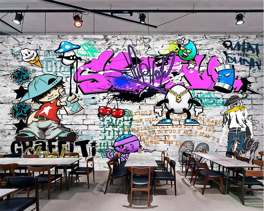 Beibehang Custom Fashion Tren Seni Jalanan Grafiti Bata Cafe Bar Restoran Lukisan Dinding Latar Belakang 3D. Wallpaper HD