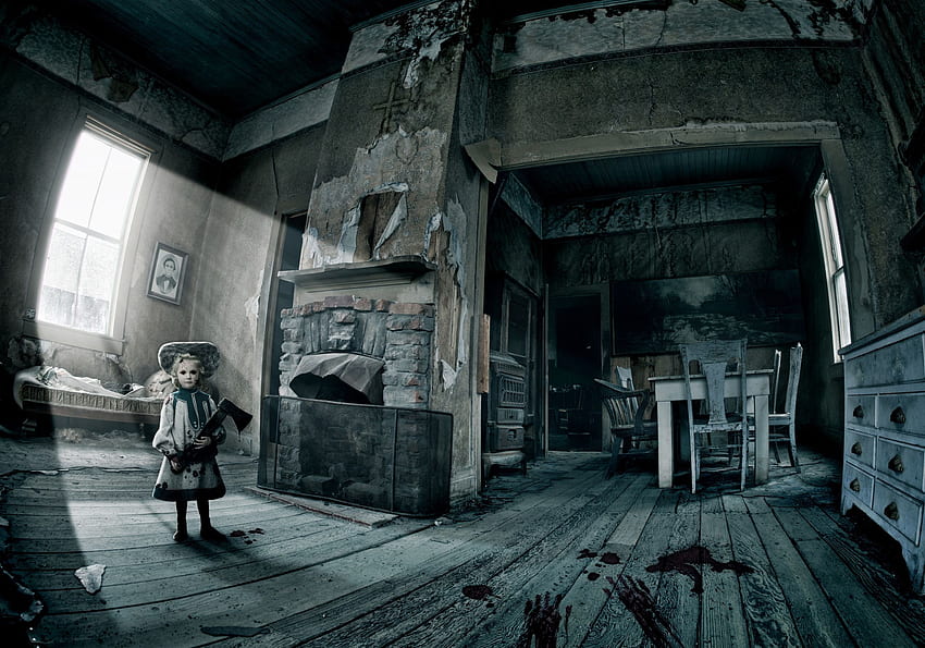 blood, doll, horror, axe, old abandoned house, section situations in resolution, Scary Dolls HD wallpaper