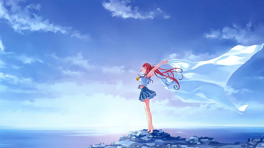 Derin mavi gökyüzü, deniz, temiz, beyaz kumaş, sevimli anime kız , Temiz Anime HD duvar kağıdı