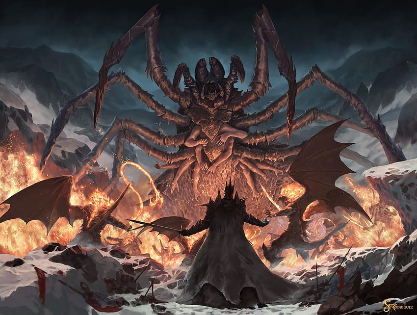 Monstro aranha marrom digital, arte dos fãs, demônio, Balrog, J. R. R. Tolkien, Gandalf vs Balrog papel de parede HD