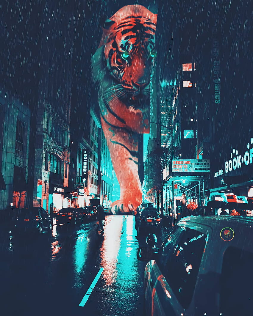 Arte, Ciudad de noche, Neón, Tigre, Calle, Gigante fondo de pantalla del teléfono
