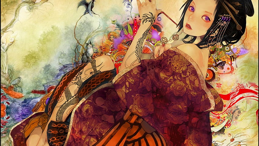 Tattoos geisha purple eyes Japanese clothes black hair bare, Japanese Geisha Girls Art HD wallpaper