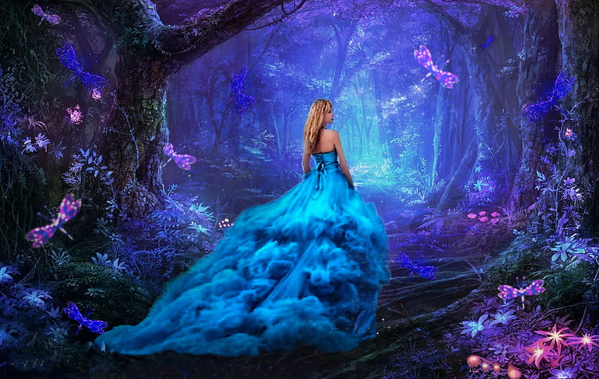 Blue Night, blu, arte, bella, ragazza, abito, donna, digitale, fantasia, foresta, abito Sfondo HD
