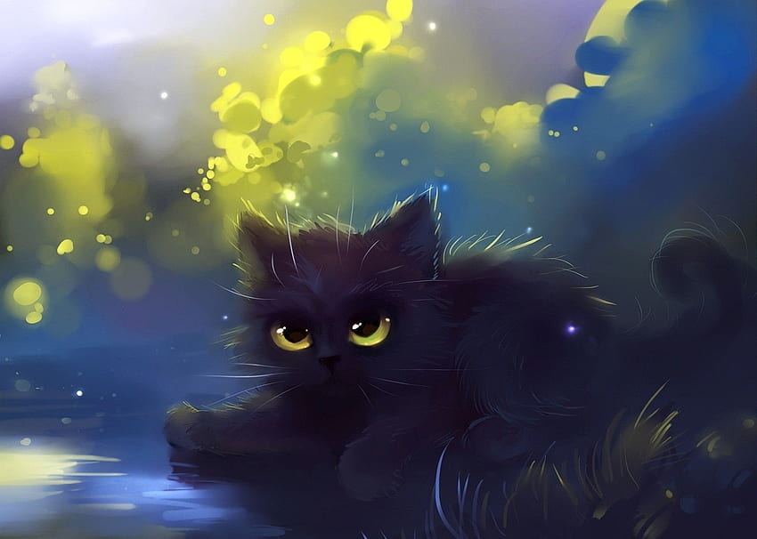 By Apofiss * Cute Black Cat - Anime Black Cat With Yellow Eyes - -, Black Cat 3D HD wallpaper