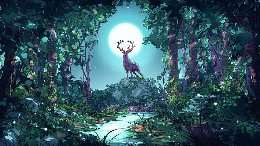 Deer at forest, moon night, art HD wallpaper