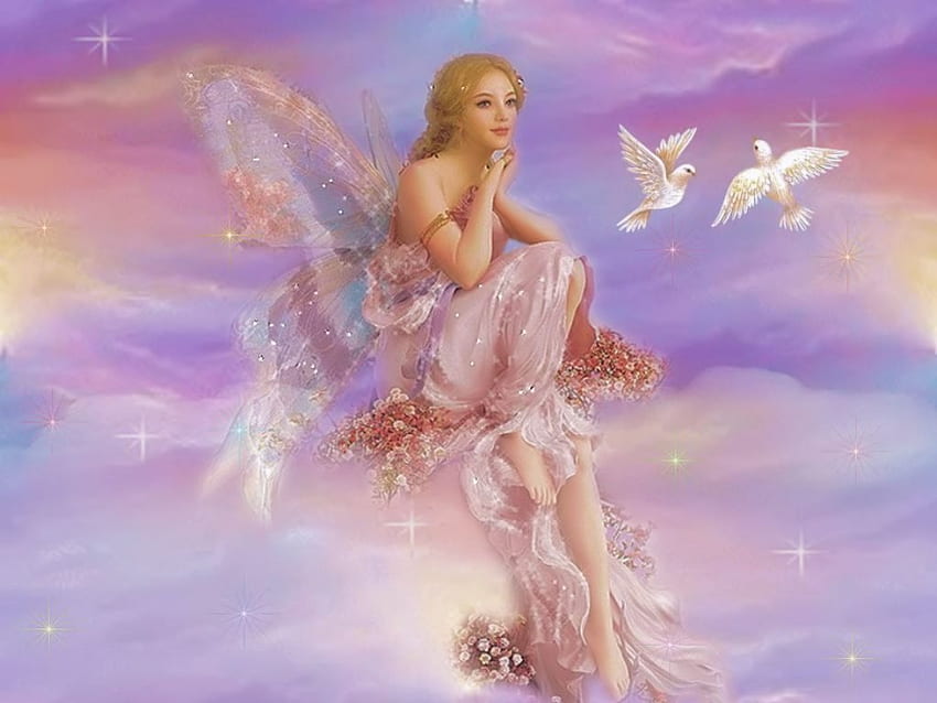Delicate Fairy, fairy, birds, blonde, fantasy, colours, girl HD wallpaper