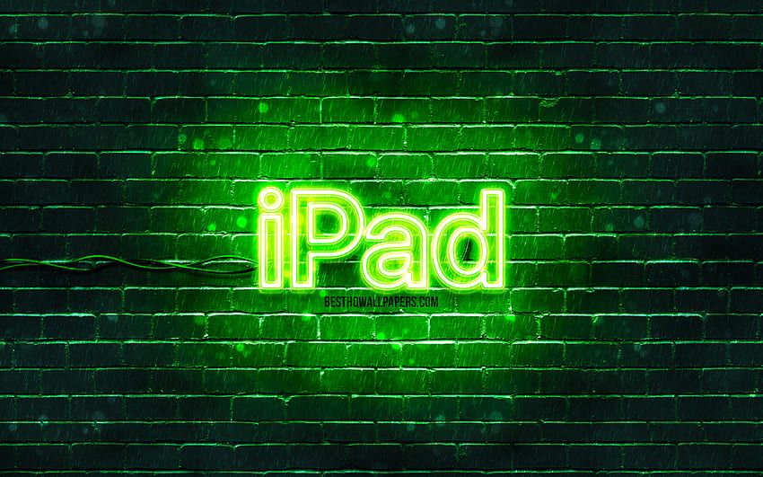 IPad zielone logo, zielona ściana z cegły, logo iPada, Apple iPad, marki, neonowe logo iPada, IPad Tapeta HD