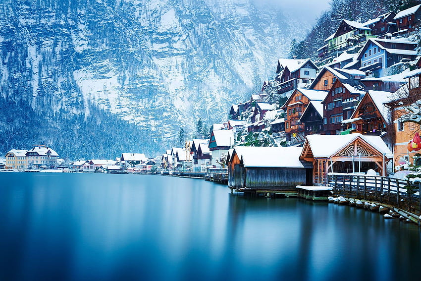 Österreich, Stadt, Landschaft, Natur, Schnee, Hallstatt, Grafik, Haus, Berg, Wasser, See, Winter HD-Hintergrundbild
