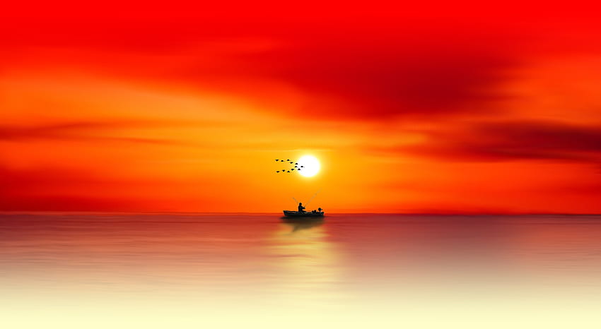 Sea, Dawn, Vector, Silhouette, Fisherman, Angler, Fishing HD wallpaper
