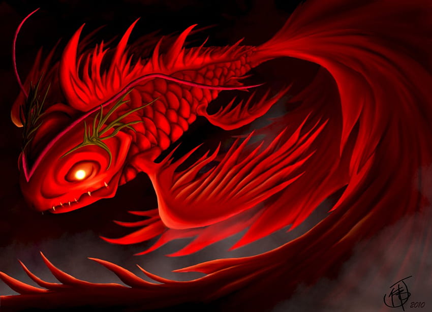 Hell Fishy, fish, red fish, demon, hell fish HD wallpaper