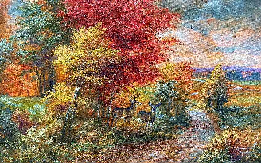A Road Home, deer, artwork, painting, trees, colors, autumn HD wallpaper