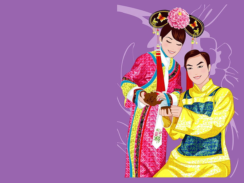 Vector, Couple, Pair, Smile, Girl, Guy, China, Tea Drinking, Tea Party, Costume HD wallpaper