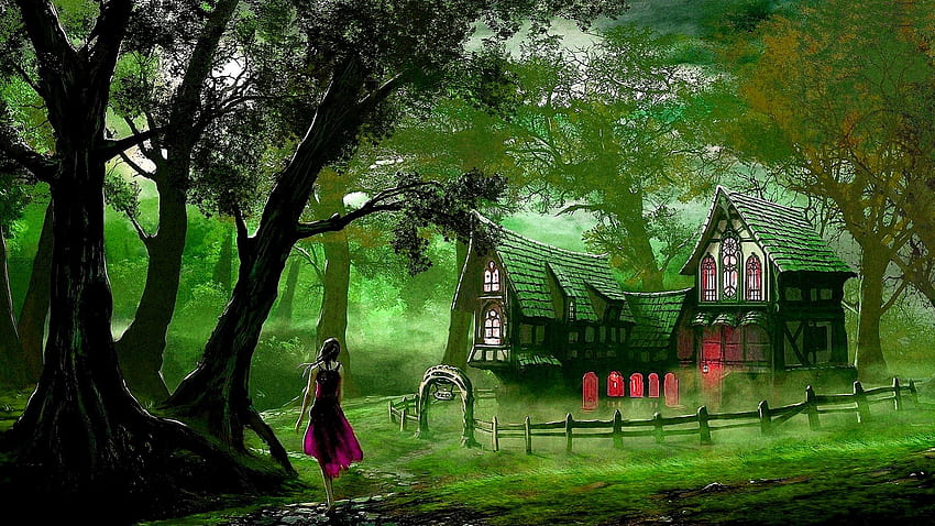 Magische Farben, mystisch, bunt, magisch, Farbe, Haus, Farben, Mädchen, schön, Fantasie, hübsch, grün, Aussicht, Natur, Pracht, Wald HD-Hintergrundbild
