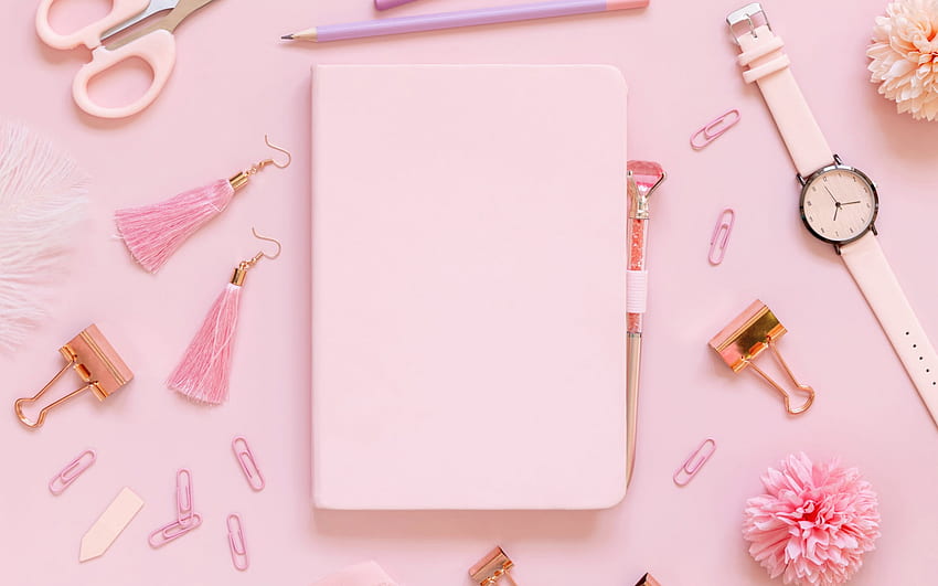 buku catatan merah muda, templat kutipan mode, kosmetik, buku catatan, latar belakang kutipan, hal-hal wanita Wallpaper HD