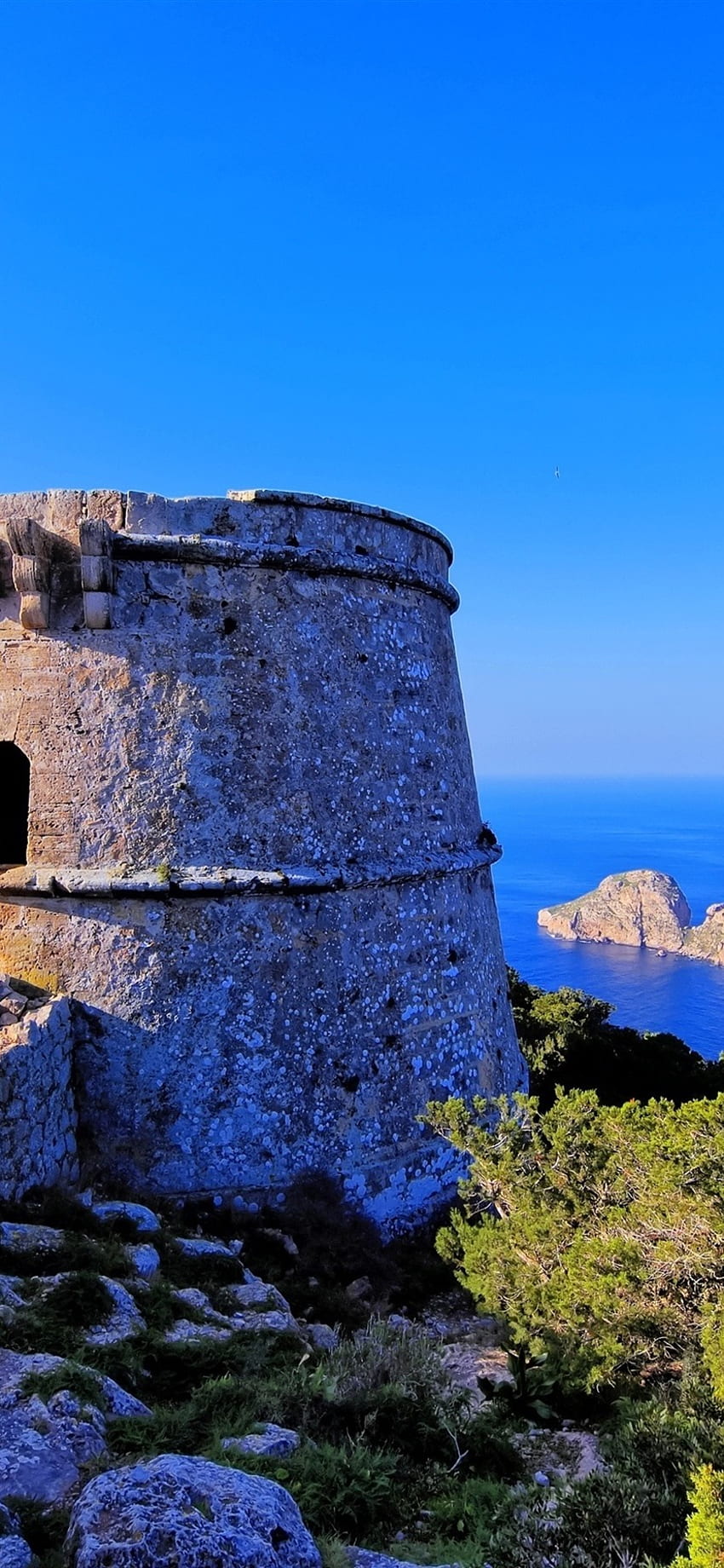 Ibiza, Balearic Islands, Spain, Rock, Tower, Fortress, Sea, Blue Sky IPhone 8 7 6 6S Plus , Background, , , Ibiza Phone HD phone wallpaper