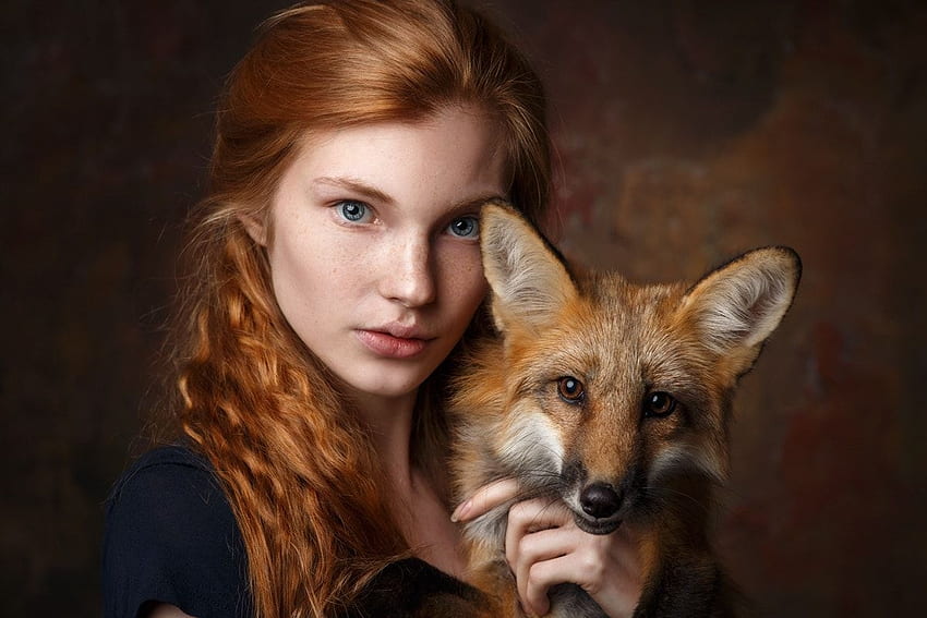 Girl and fox, animal, model, marketa novak, vulpe, face, redhead, fox, woman, girl HD wallpaper