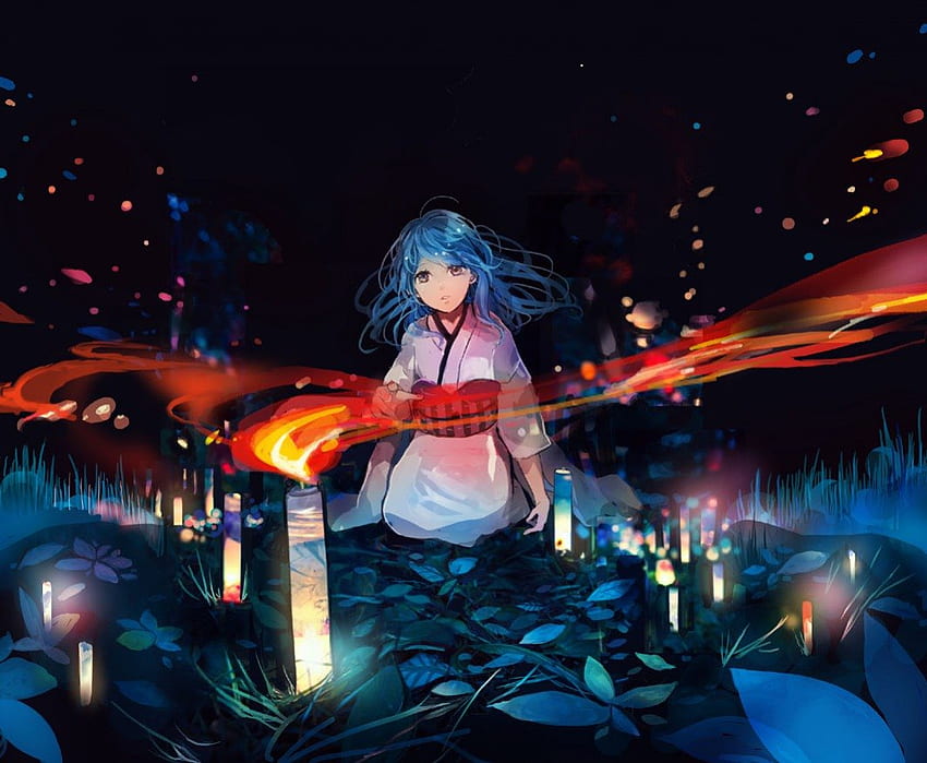 Candles In The Darkness, night, plants, anime, colors, candles, girl, fire HD wallpaper