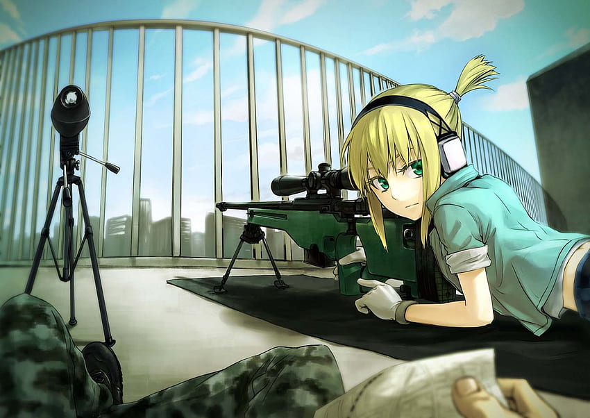 A cool Sniper, sniper rifles, sniper, shirt, 196 material sniper, cool, short hair, leying, blonde hair, green eyes HD wallpaper