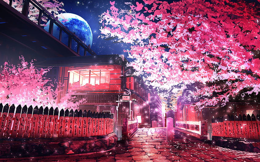 사쿠라 나무 교토 애니메이션 나무 도시 달빛 도시 일본 아시아 벚꽃 삽화 스마일 아티스트 - 해상도:, 일본 사쿠라 애니메이션 HD 월페이퍼