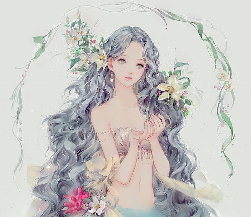 Lilia, mermaid, frumusete, fantasy, flower, luminos, dadachyo HD wallpaper
