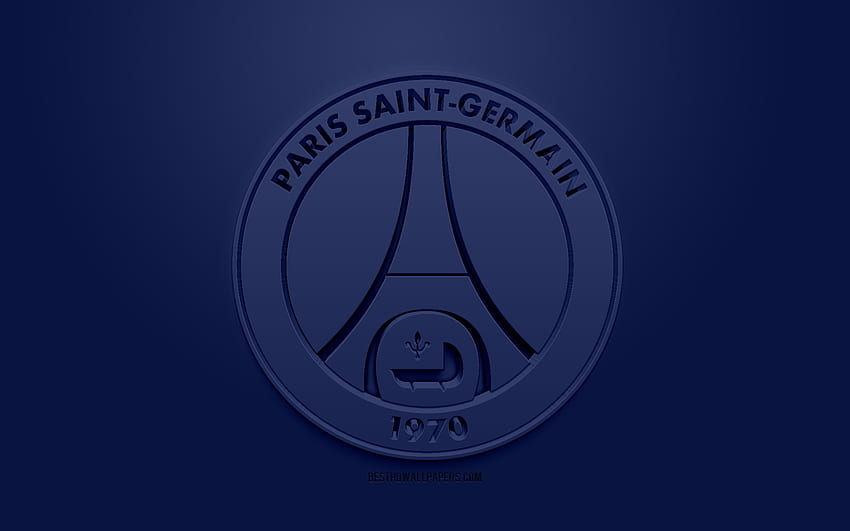 Paris Saint Germain, PSG, kreatywne logo 3D, ciemnoniebieskie tło, godło 3D, francuski klub piłkarski, Ligue 1, Paryż, Francja, sztuka 3D, piłka nożna, stylowe logo 3D z rozdzielczością. Wysoka, PSG Tapeta HD