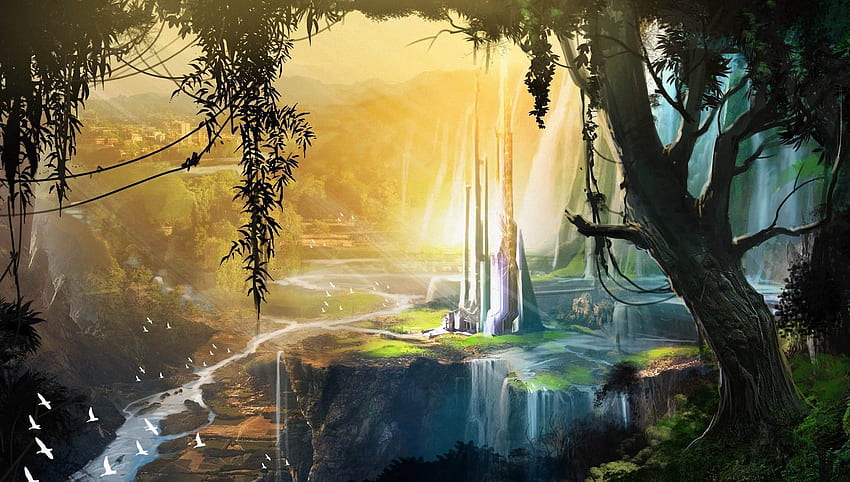 seni dunia fantasi lanskap menara rusak pemandangan lembah sungai pohon Wallpaper HD