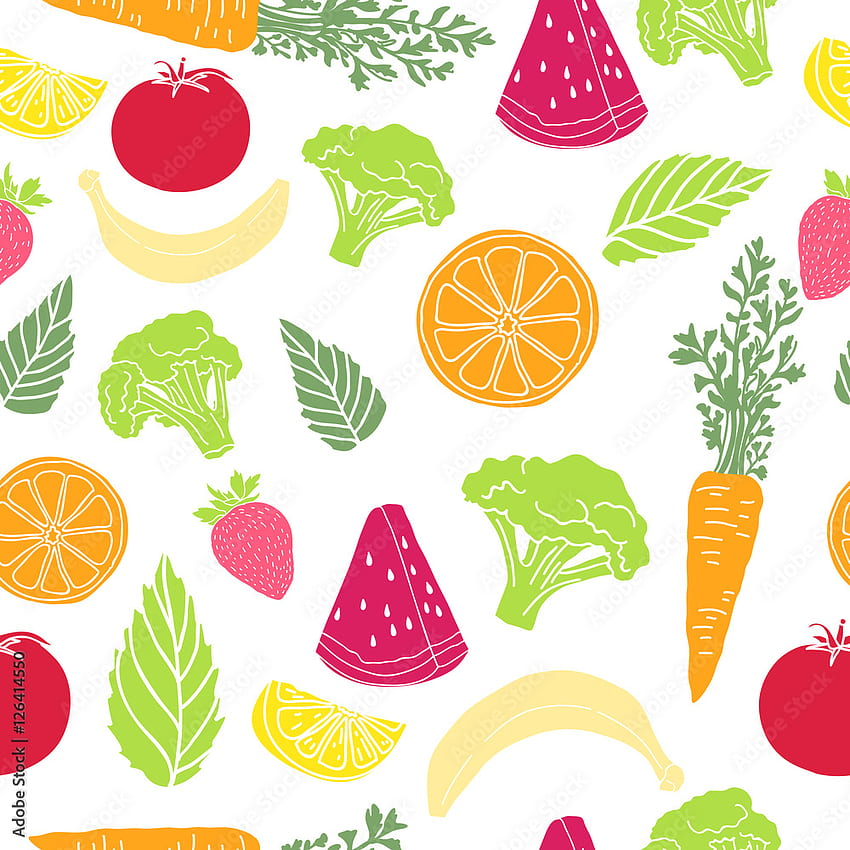 Seamless pattern with fruit and vegetable. with organic decor. Background with vegetarian food. Backdrop with colorful silhouette fruit and vegetable for cafe and restaurant. Vector Stock Vector HD phone wallpaper